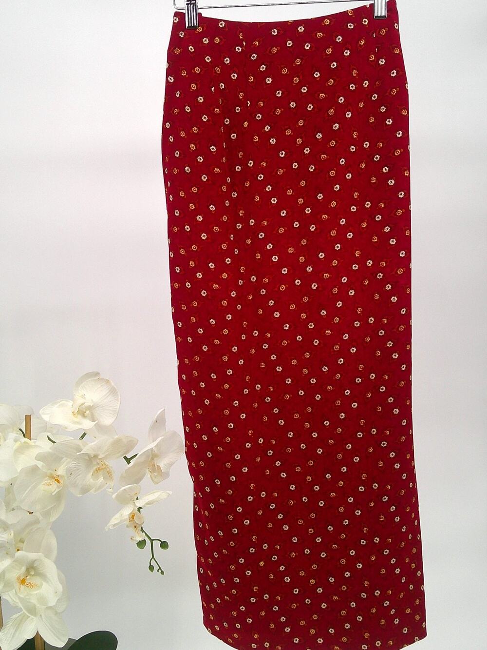 Worth Womens Burgundy Pure Silk Floral Side Button Maxi Wrap Skirt Size 12